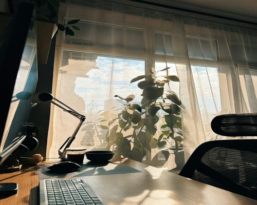 Sunlight streaming through blinds into a home workspace